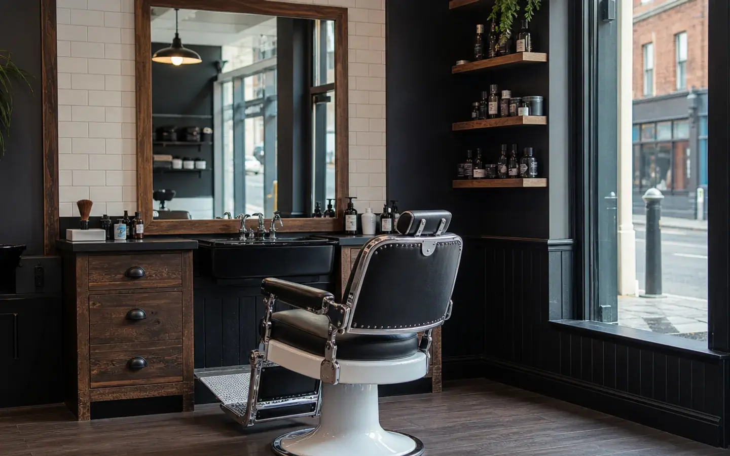 A dark Dublin barbershop with a classic chair by the window