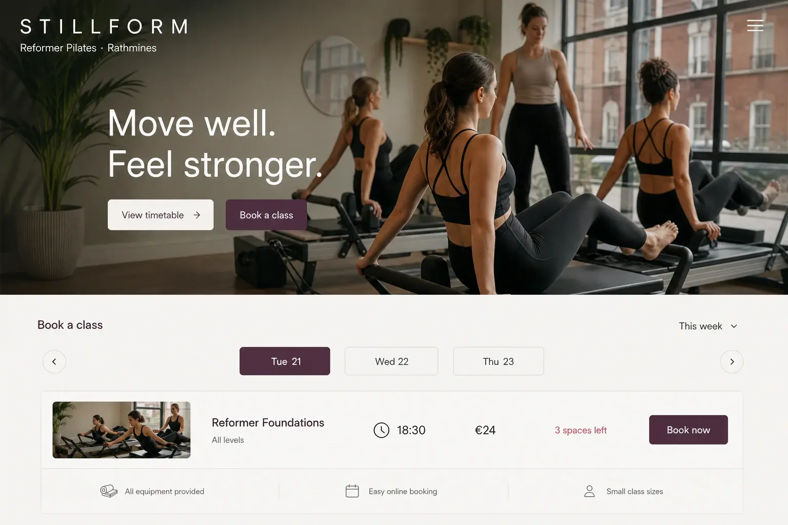 Stillform Pilates booking website concept showing class dates, availability, price and online booking