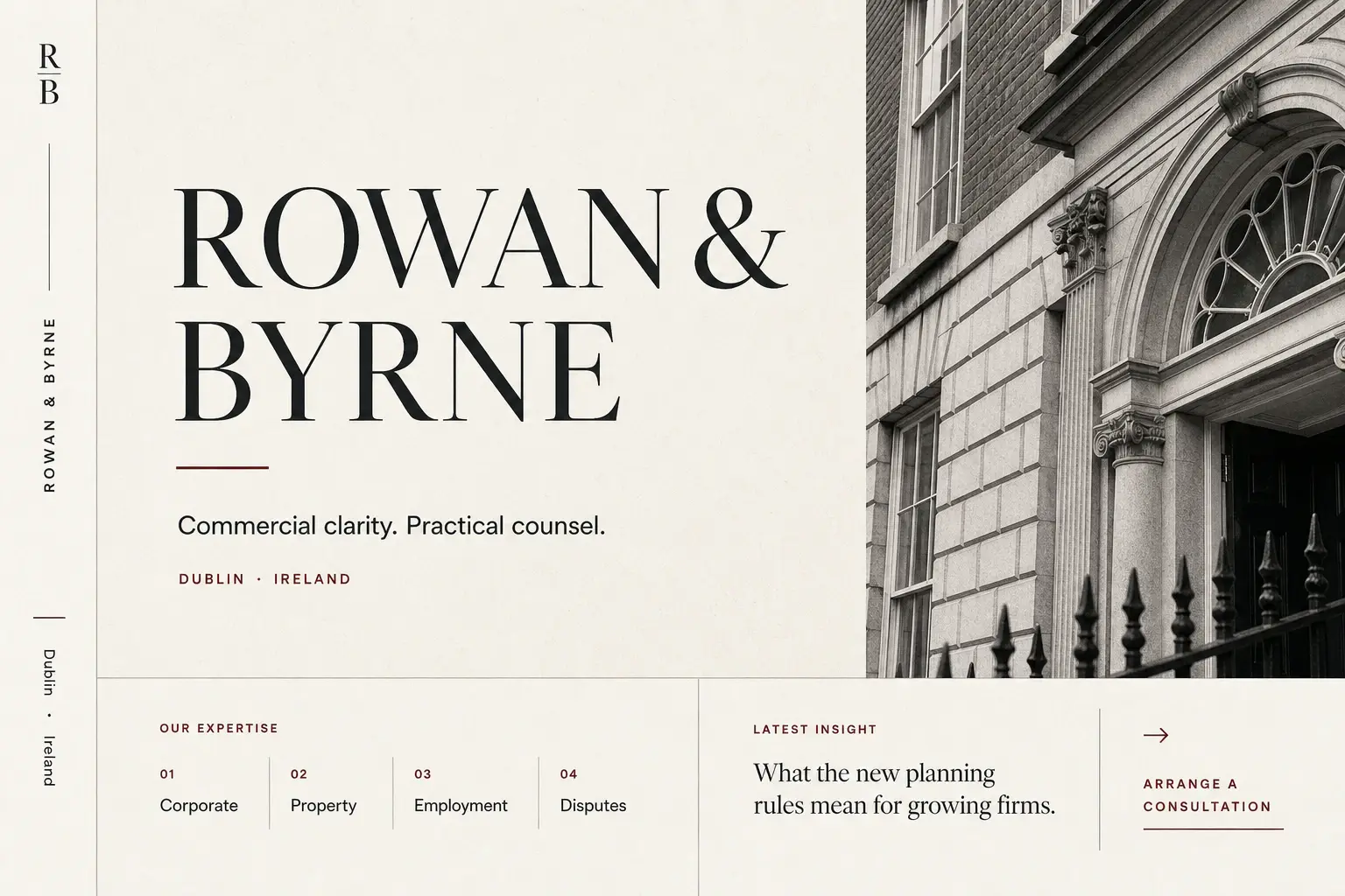 Rowan and Byrne professional services website concept with editorial typography, practice areas and consultation route