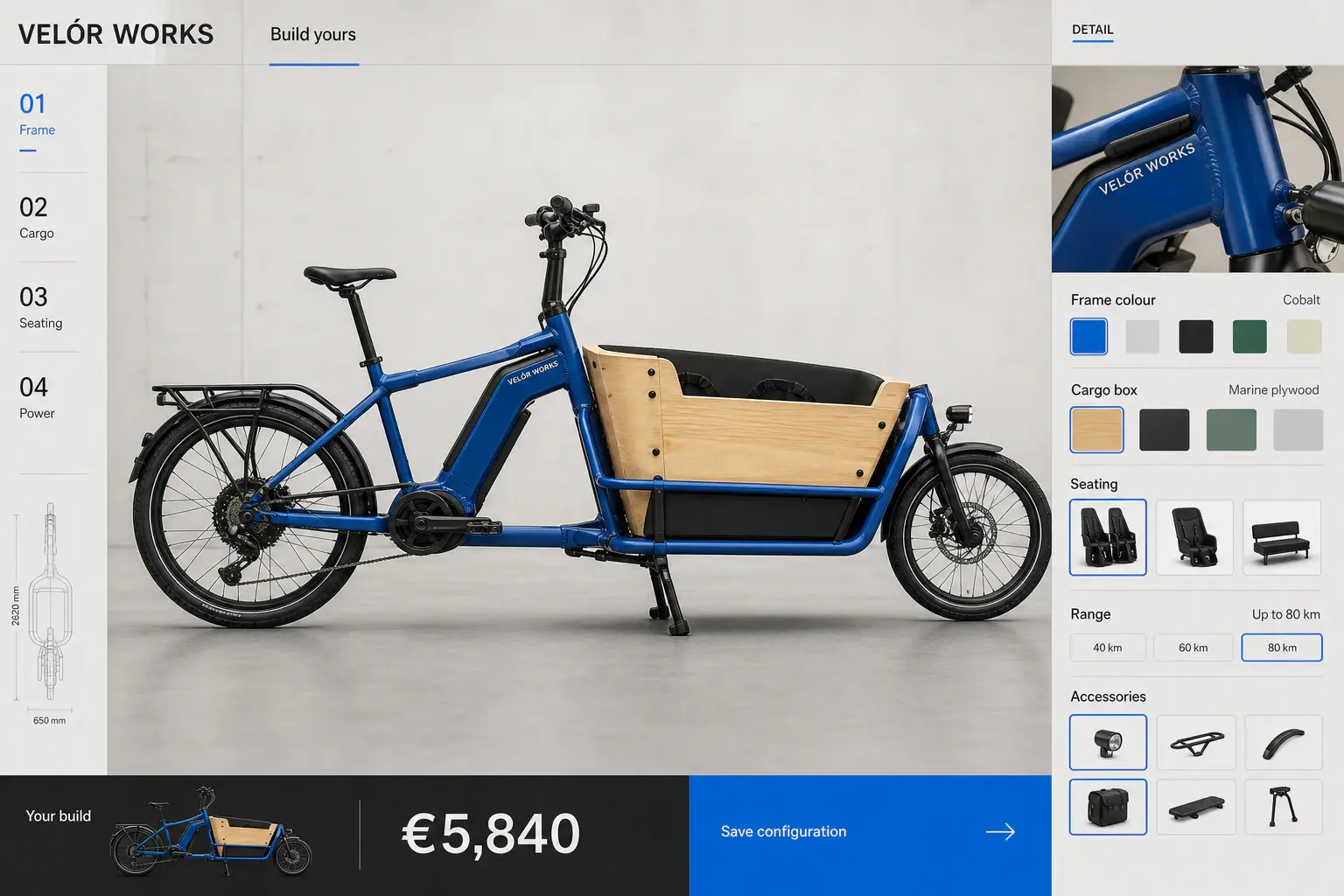 Velor Works custom cargo-bike configurator with frame, cargo, seating, range and accessory controls