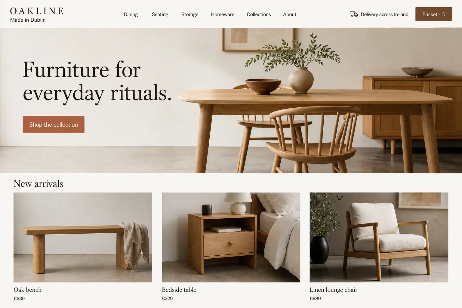 Oakline furniture shop website concept with product collections, prices, delivery information and basket