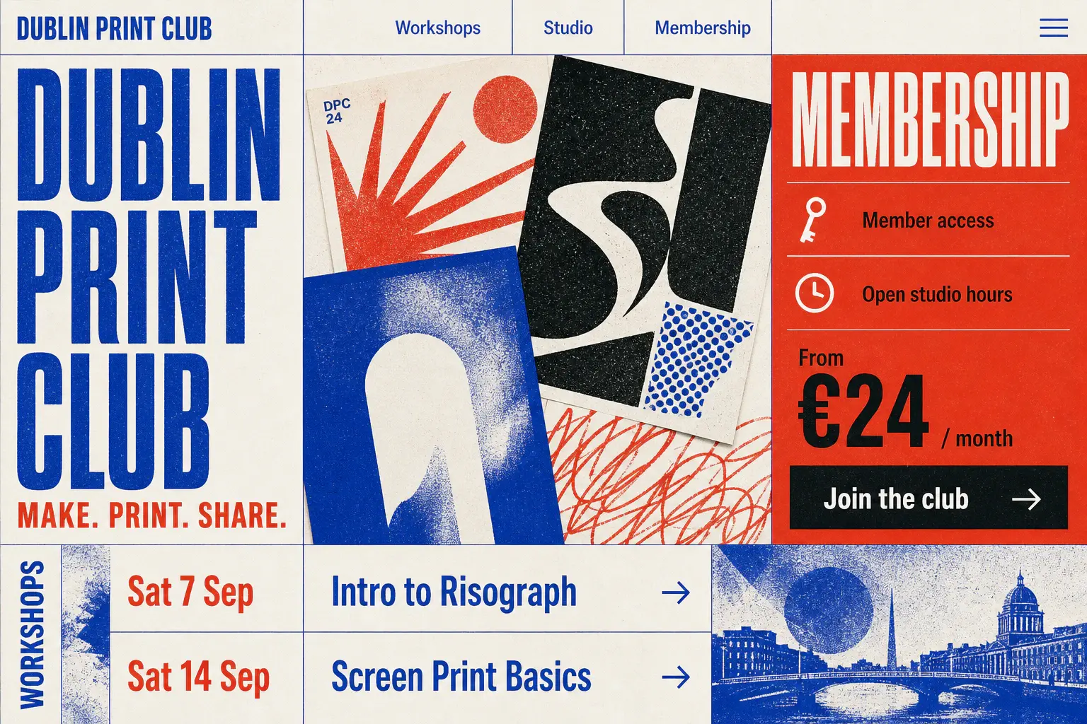 Dublin Print Club membership website concept with workshops, studio access, monthly pricing and join action