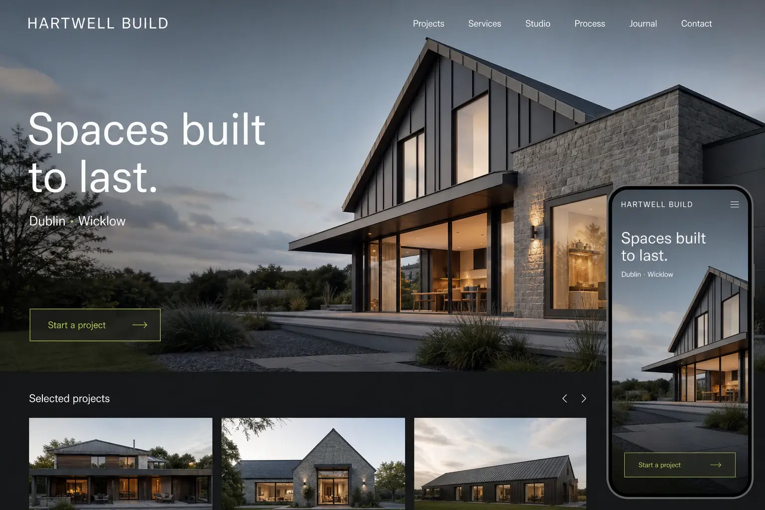 Premium responsive website concept for Hartwell Build shown across desktop and mobile layouts
