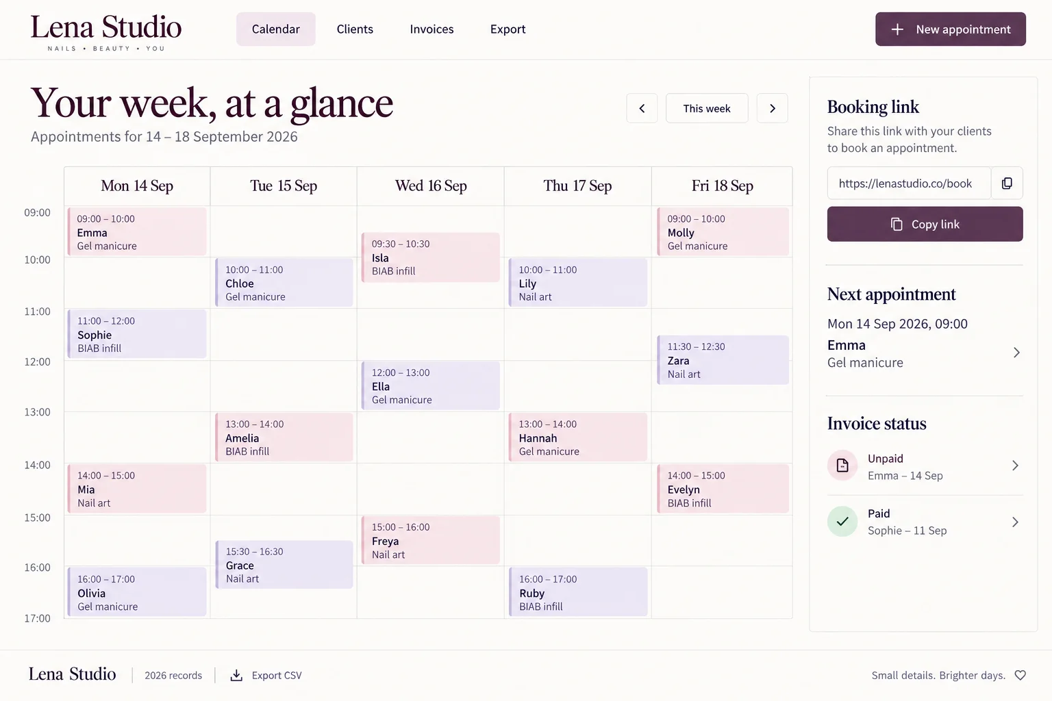 Lena Studio booking calendar with a shareable link and invoice records