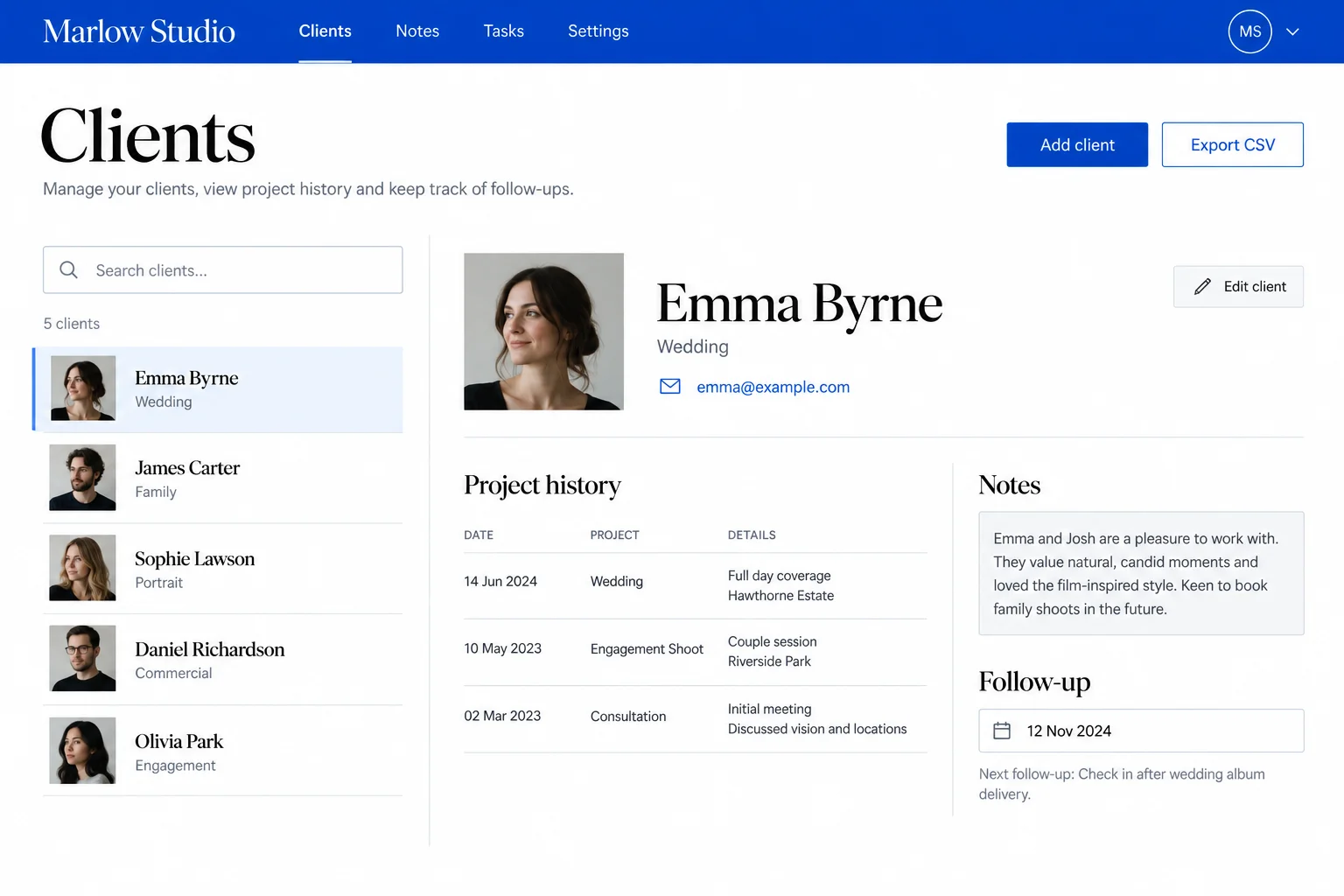 Client records with contact details, notes and follow-ups