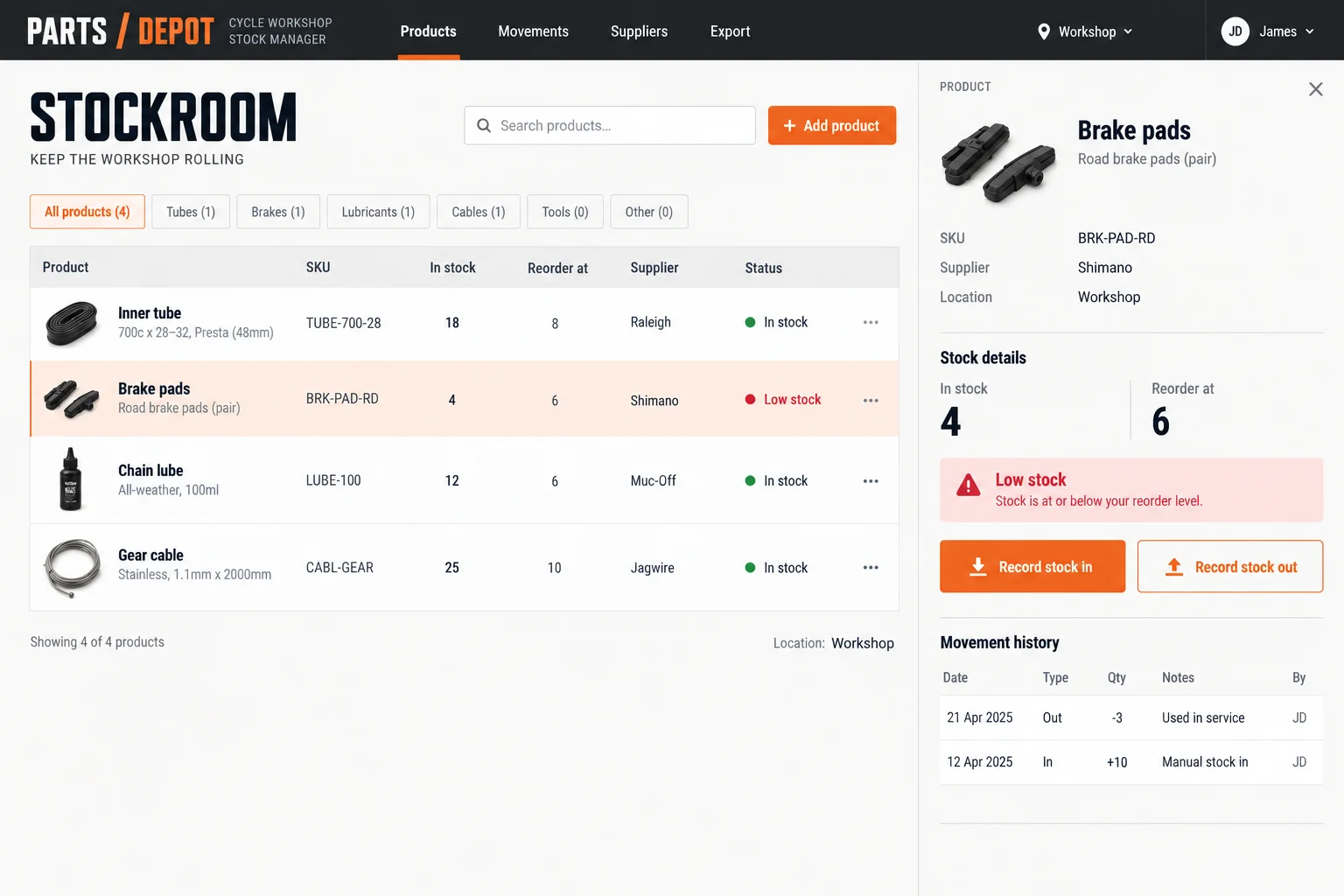 Stock levels and movement records