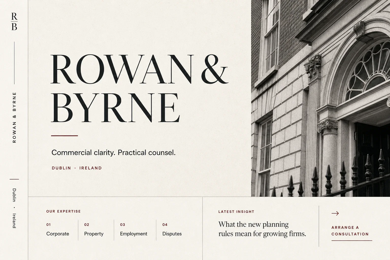 Rowan and Byrne professional services website design with editorial typography, practice areas and consultation route