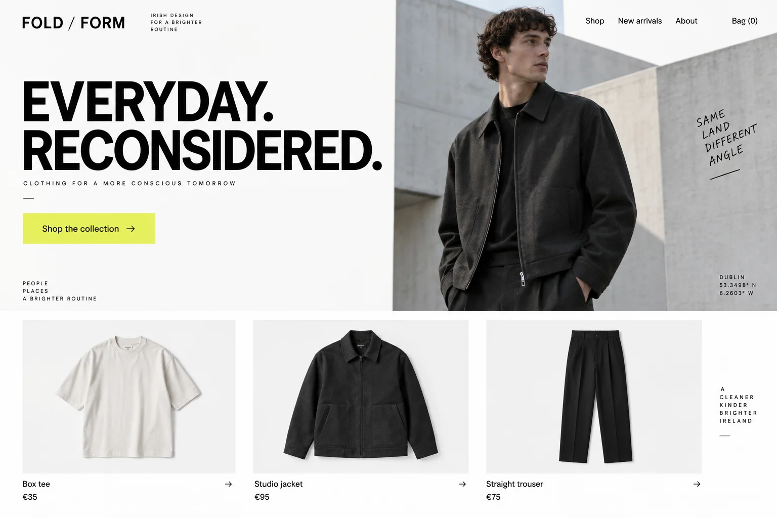 Fold / Form clothing storefront with product photography, prices and shopping bag