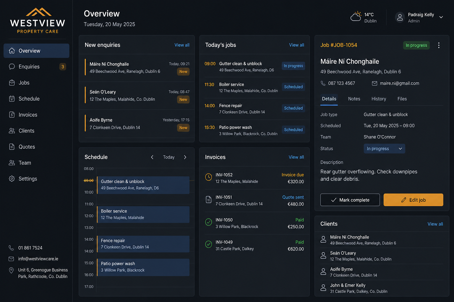 Concept operations system for Westview Property Care showing customer enquiries, jobs, schedules, invoices and clients together