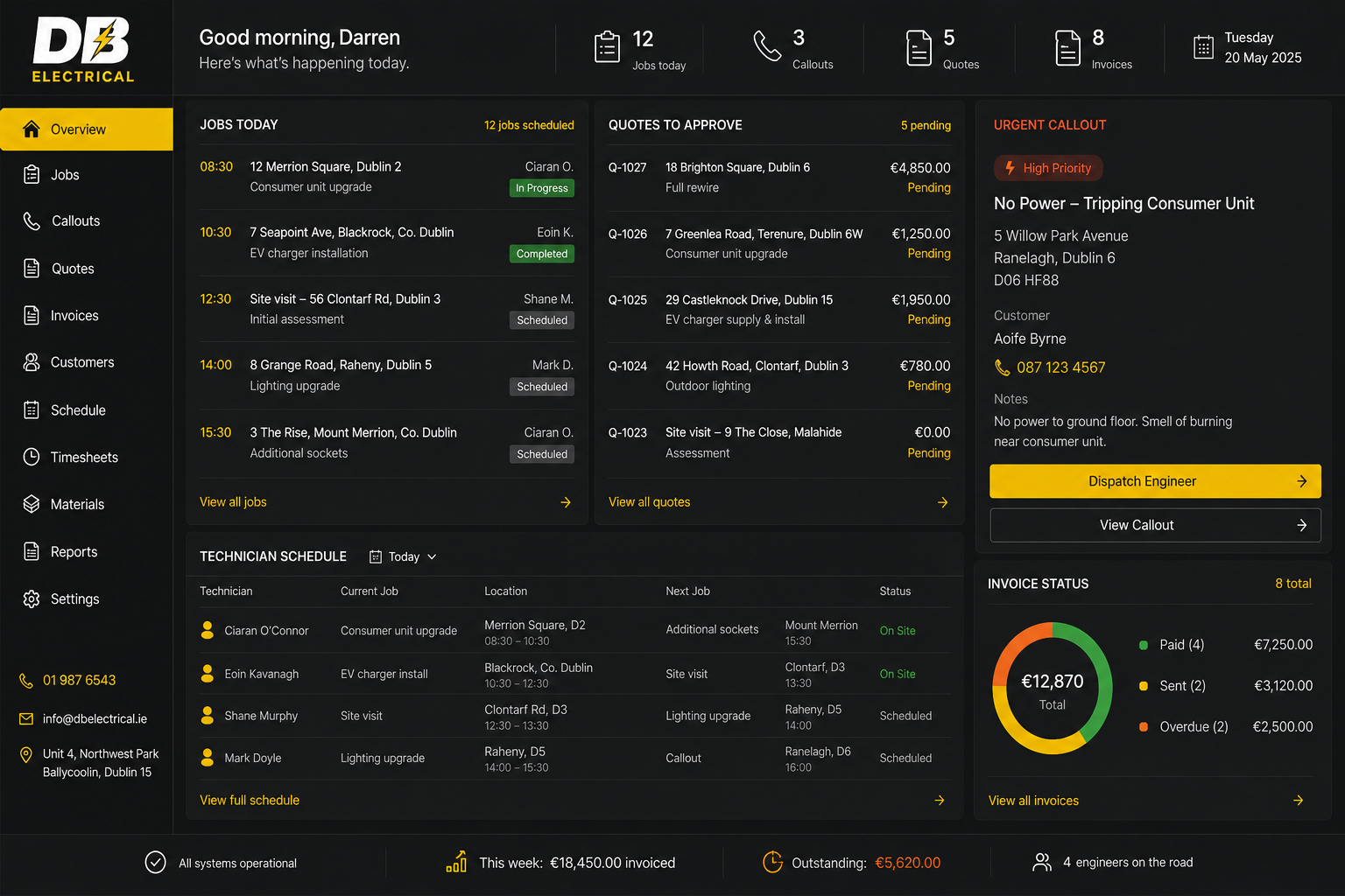 Concept branded system for DB Electrical showing daily jobs, quotes, callouts and technician schedules