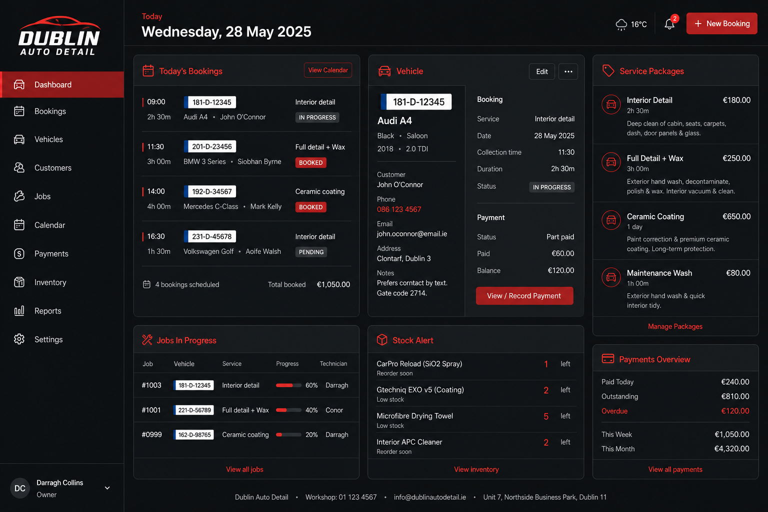 Concept branded system for Dublin Auto Detail showing vehicle bookings, jobs, stock and payments