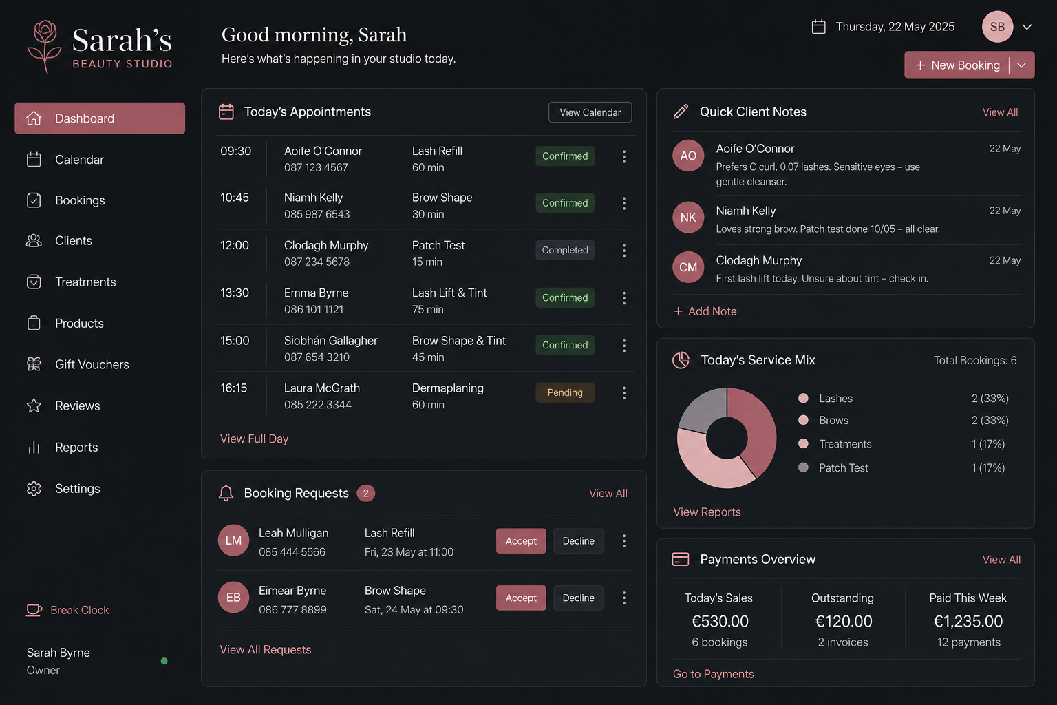 Concept branded system for Sarah's Beauty Studio showing appointments, client notes, booking requests and payments